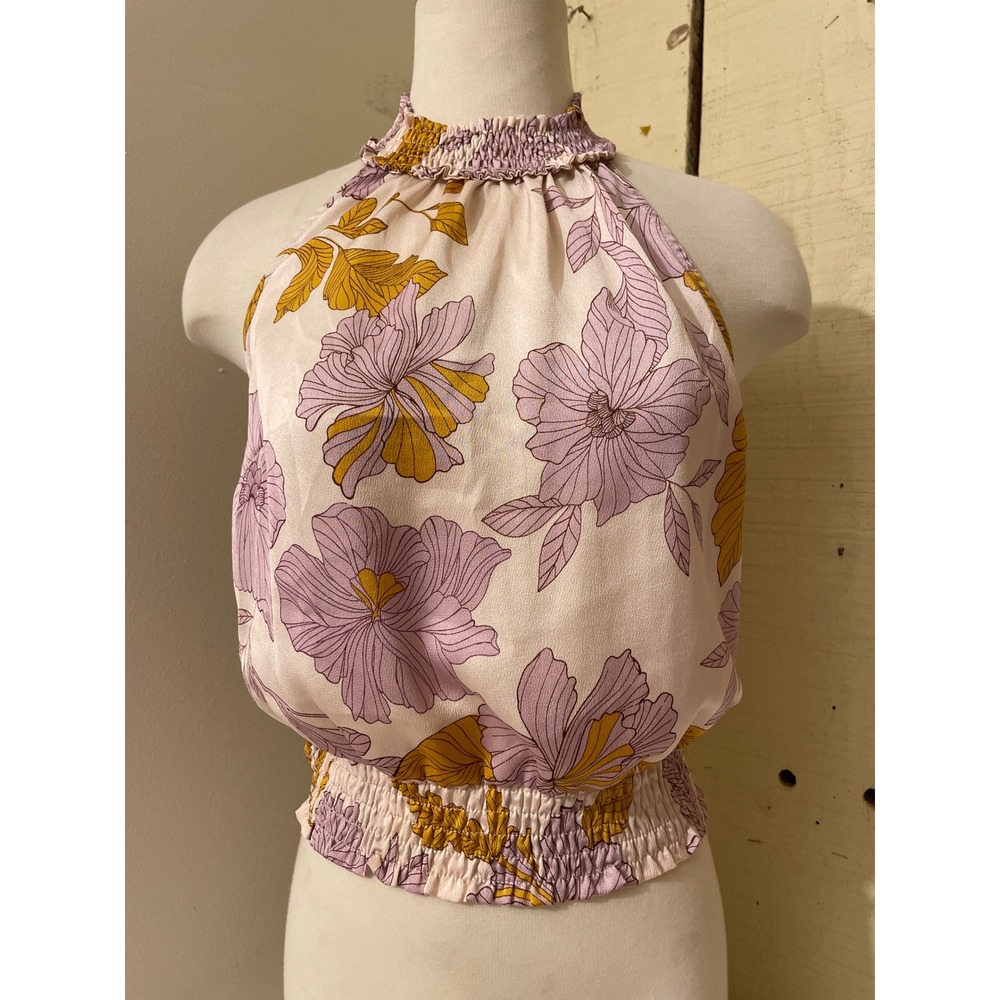 Monteau Women Large Floral Halter Top Smocked Ruffle Neck Sleeveless Blouse Tank